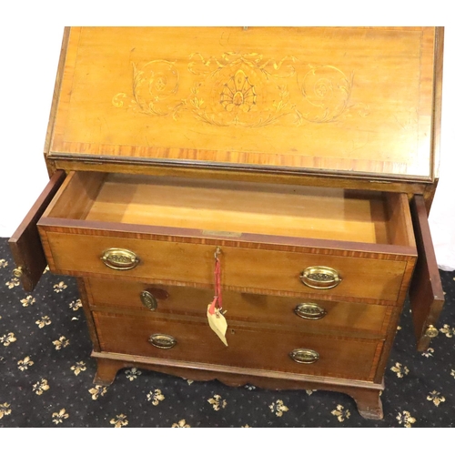 411 - Edwardian crossbanded inlaid bureau with fitted interior. Not available for in-house P&P, contact Pa... 