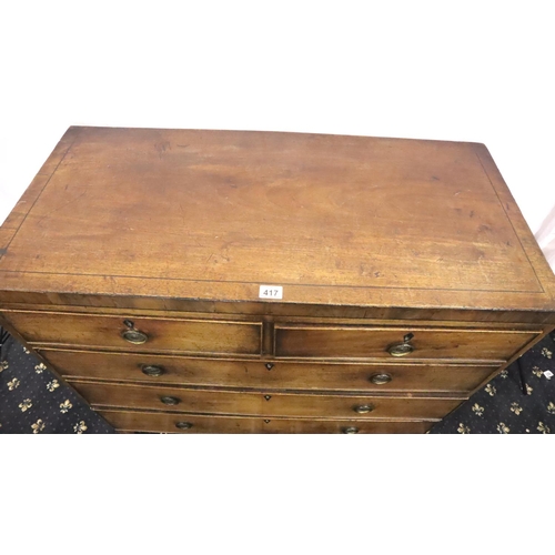 417 - George III walnut chest of two short over three graduated long drawers, with ebony escutcheons and i... 