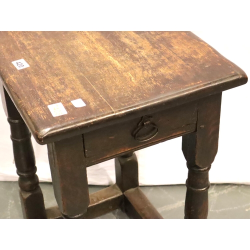 420 - A substantial 18th Century English oak side table with single drawer, turned supports and of jointed... 