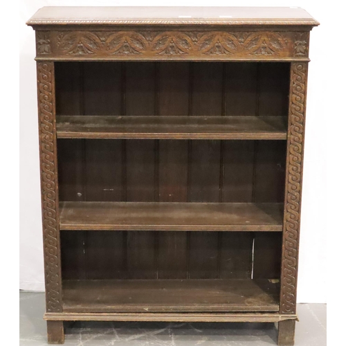 426 - Carved oak three shelf bookcase, 92 x 32 x 114 cm H. Not available for in-house P&P, contact Paul O'... 