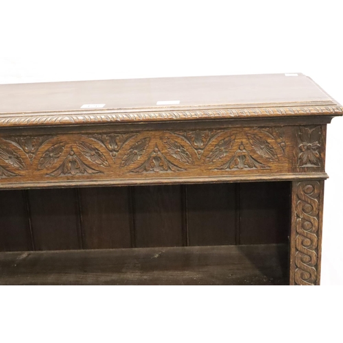 426 - Carved oak three shelf bookcase, 92 x 32 x 114 cm H. Not available for in-house P&P, contact Paul O'... 