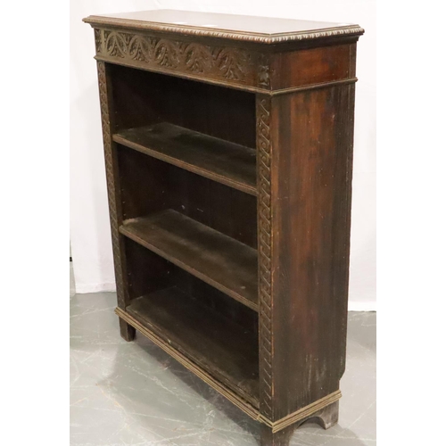 426 - Carved oak three shelf bookcase, 92 x 32 x 114 cm H. Not available for in-house P&P, contact Paul O'... 