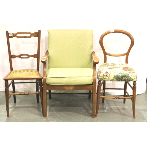 432 - A 1930s walnut framed easy chair with scroll arms and two Victorian bedroom chairs. Not available fo... 