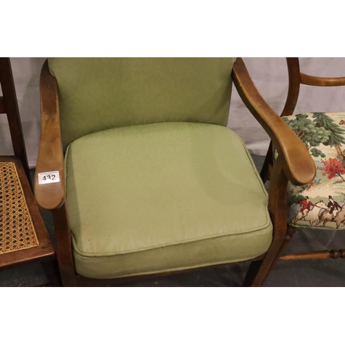 432 - A 1930s walnut framed easy chair with scroll arms and two Victorian bedroom chairs. Not available fo... 