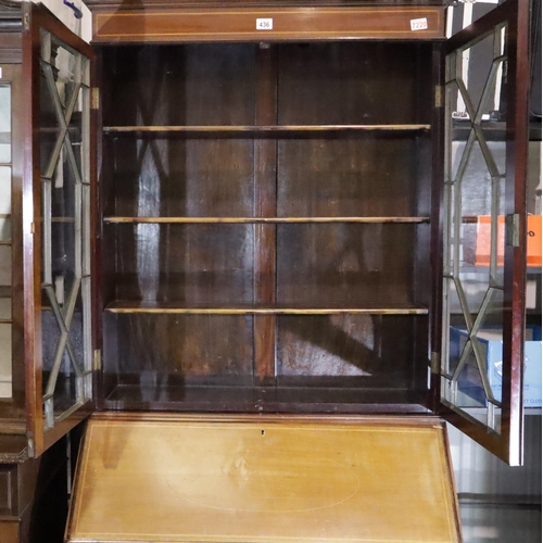 436 - An Edwardian inlaid mahogany bureau bookcase, having two astragal glazed doors above the fitted fall... 