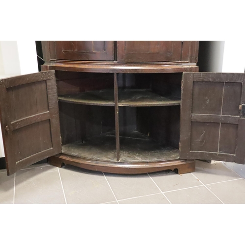 439 - Substantial 18th Century English oak four door corner cupboard fitted with shelves, W: 110 cm, H: 20... 