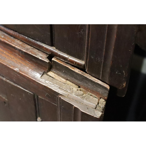 439 - Substantial 18th Century English oak four door corner cupboard fitted with shelves, W: 110 cm, H: 20... 