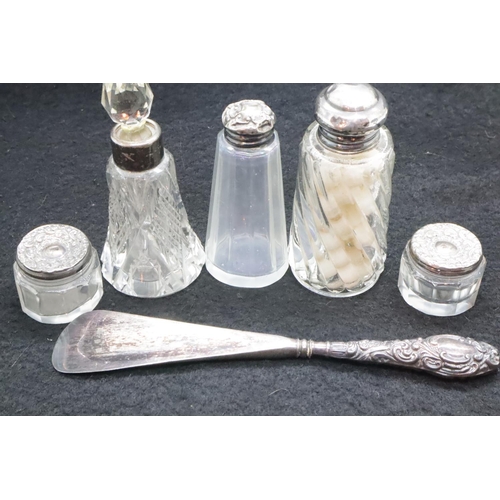 1063 - Silver and white metal topped glass condiment items one with hallmarks. P&P Group 1 (£14+VAT for the... 