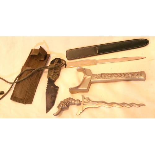 1076 - Unusual pewter sheathed letter opener, hunting knife and German letter opener with pen knife handle.... 