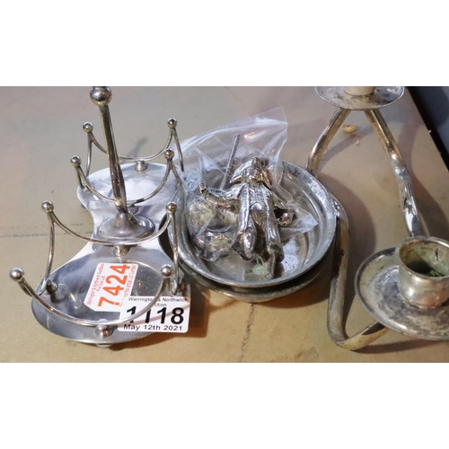 1118 - Silver plated cruet holder and other white metal items. Not available for in-house P&P, contact Paul... 