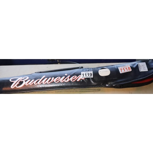 1119 - Cased Budweiser two piece pool cue. Not available for in-house P&P, contact Paul O'Hea at Mailboxes ... 