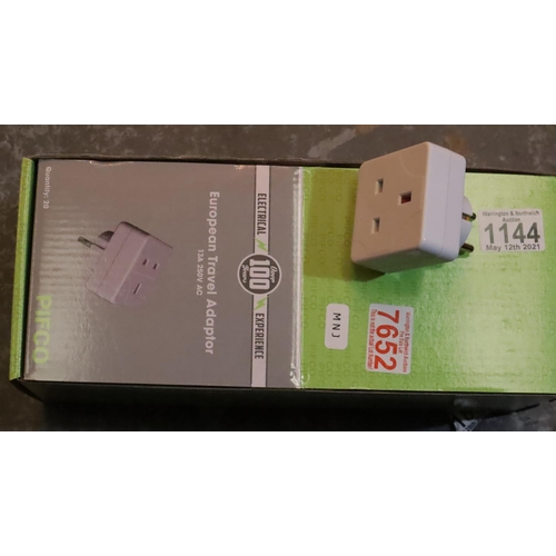 1144 - Box of twenty Pifco European travel adaptors, new old stock.  P&P Group 1 (£14+VAT for the first lot... 