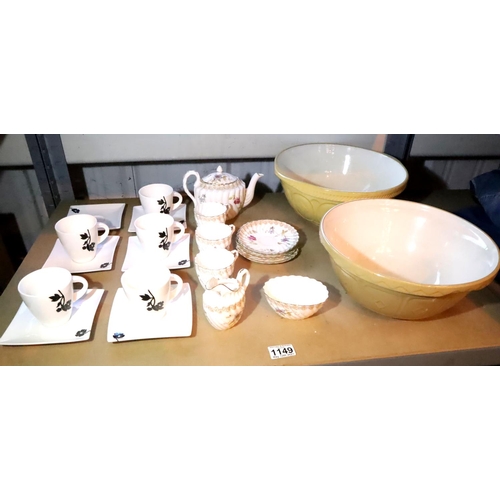 1149 - Shelf of mixed ceramics to include bowls and part tea sets. Not available for in-house P&P, contact ... 