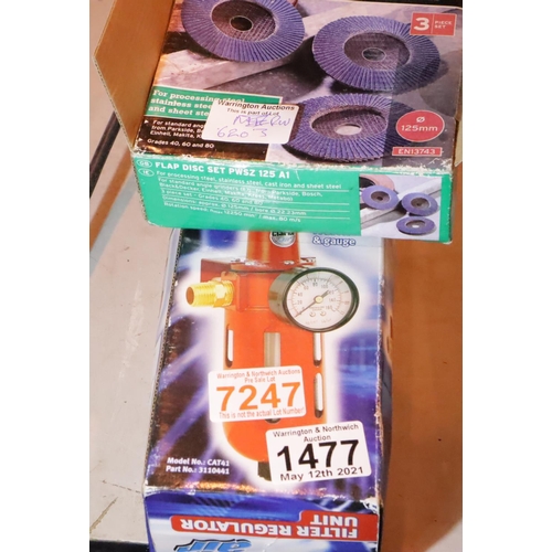 1477 - Clarke CAT741 no 3110441 filter regulator unit and box of three 125mm angle grinder flap discs. Not ... 