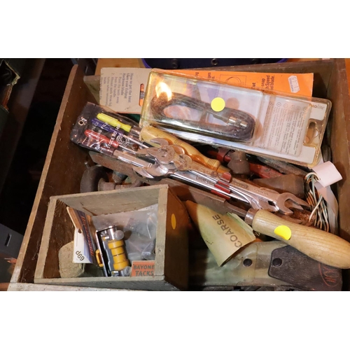 1488 - Box of assorted tools; spanners, chisels, hacksaw etc. Not available for in-house P&P, contact Paul ... 