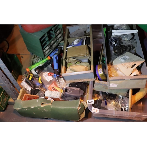 1491 - Two boxes of mixed tools, fixings and a video camera. Not available for in-house P&P, contact Paul O... 