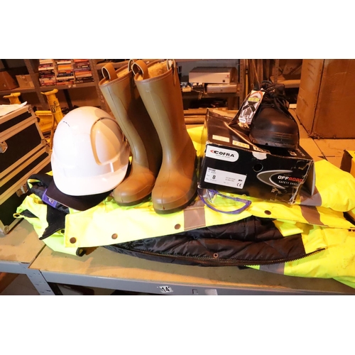 1512 - Selection of work safety items to include XL Hi Vis jackets, new old stock boots and Wellington boot... 