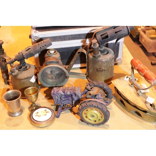 1514 - Two blowtorches and other items including Chad Valley tractor. Not available for in-house P&P, conta... 