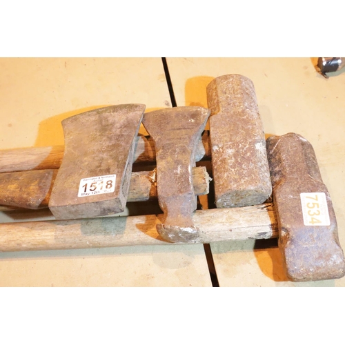 1518 - Two wooden shafted axes and lump hammers. Not available for in-house P&P, contact Paul O'Hea at Mail... 