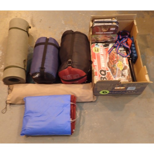 1494A - Two sleeping bags double air bed two ground sheets three BBQs etc. Not available for in-house P&P, c... 