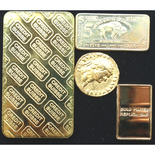 3068 - Three Gold plated Bars and one WRL Gold Roman Aureus Replica. P&P Group 1 (£14+VAT for the first lot... 