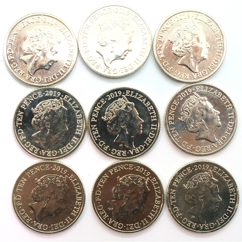 3070 - Nine 2019 Alphabet coins 10p pieces. P&P Group 1 (£14+VAT for the first lot and £1+VAT for subsequen... 