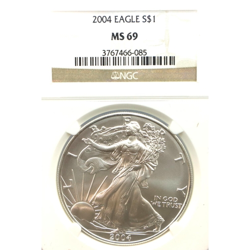 3071 - 2004 NGC Slabbed USA Silver Eagle Dollar. P&P Group 1 (£14+VAT for the first lot and £1+VAT for subs... 