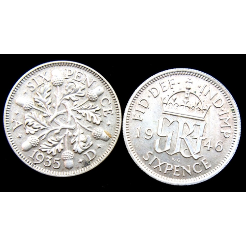 3098 - 1935 and 1946 - 2 x Silver sixpences of George V and VI. P&P Group 1 (£14+VAT for the first lot and ... 