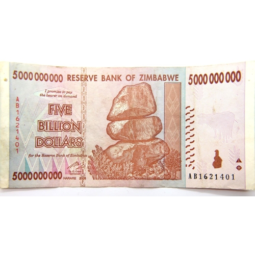 3130 - 5 Billion Dollar note of Reserve Bank of Zimbabwe. P&P Group 1 (£14+VAT for the first lot and £1+VAT... 