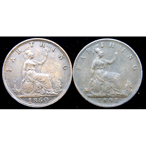 3164 - Two farthings, 1860 and 1891. P&P Group 1 (£14+VAT for the first lot and £1+VAT for subsequent lots)