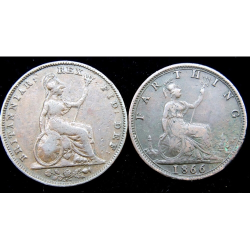 3169 - Two farthings, 1834 and 1866. P&P Group 1 (£14+VAT for the first lot and £1+VAT for subsequent lots)