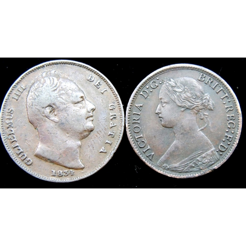 3169 - Two farthings, 1834 and 1866. P&P Group 1 (£14+VAT for the first lot and £1+VAT for subsequent lots)