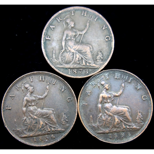 3174 - Three farthings, 1873, 1895 and 1886. P&P Group 1 (£14+VAT for the first lot and £1+VAT for subseque... 