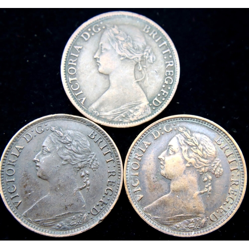 3174 - Three farthings, 1873, 1895 and 1886. P&P Group 1 (£14+VAT for the first lot and £1+VAT for subseque... 