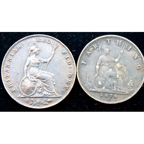 3176 - Two farthings, 1855 and 1874. P&P Group 1 (£14+VAT for the first lot and £1+VAT for subsequent lots)