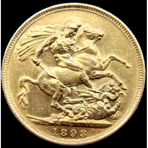 3192 - Victoria 1893 full sovereign, Sydney mint, 8.0g. P&P Group 1 (£14+VAT for the first lot and £1+VAT f... 