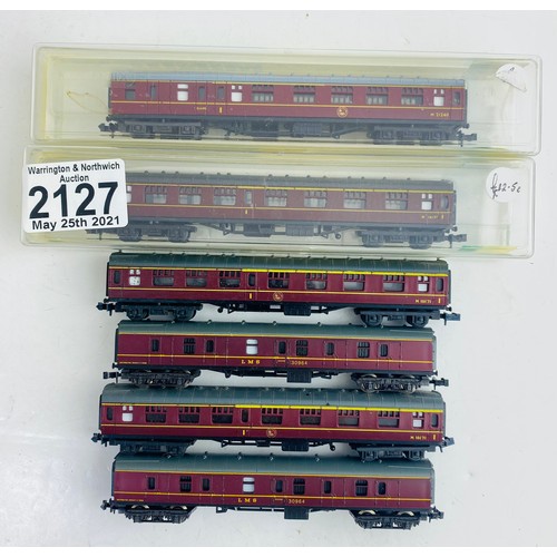 2127 - 6x Minitrix / Lima N Gauge Assorted Coaches 2x Boxed 4x Unboxed- P&P Group 1 (£14+VAT for the first ... 