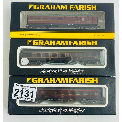 2131 - 3x Graham Farish N Gauge Assorted BR Maroon Coaches Boxed  - P&P Group 1 (£14+VAT for the first lot ... 