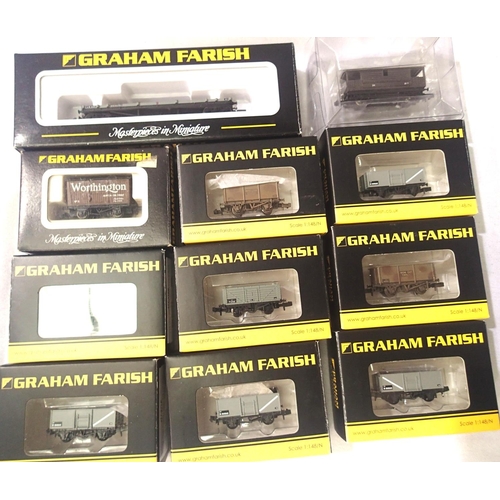 2311 - Eleven Graham Farish N gauge wagons , mostly excellent condition, bogie bolster (missing one wheel) ... 