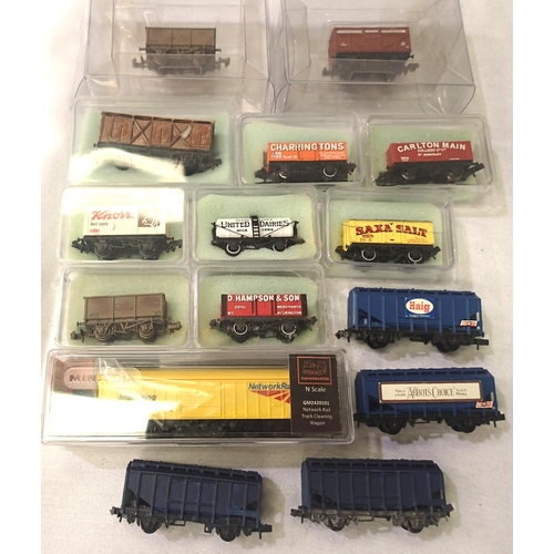 2312 - Fifteen N gauge wagons, mostly Peco includes Trix/gaugemaster network rail track cleaning van. P&P G... 