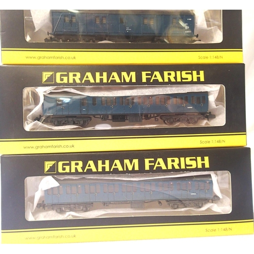 2317 - Three N gauge Farish coaches, 374-313 and 374-292, both BR suburban blue and a 374-632 bogie luggage... 