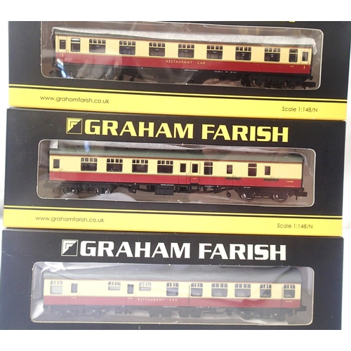 2320 - Three N gauge Farish blood/custard coaches, 374-185B brake/second, 374-807 restaurant/first and 374-... 