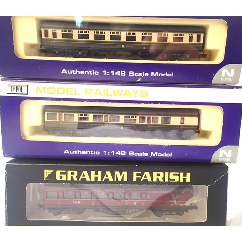 2321 - Three N gauge coaches; Dapol 015B and 017B Collett GWR chocolate/cream and a Farish Stanier composit... 