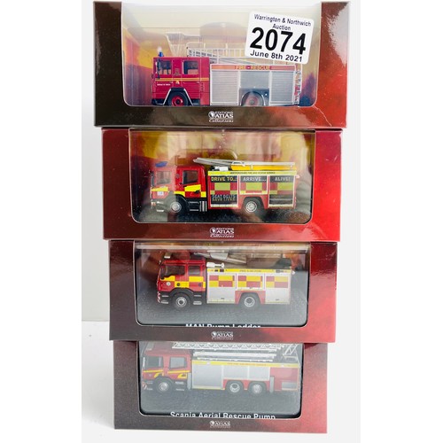 2074 - 4x Atlas Edition Assorted 'Fire Engines' Die Cast Boxed - P&P Group 1 (£14+VAT for the first lot and... 