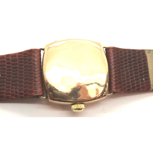 111 - 1950s 9ct gold Rolex wristwatch on leather strap in working order. P&P Group 1 (£14+VAT for the firs... 