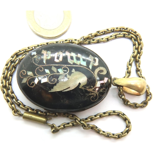 63 - Rare Victorian Pompeii souvenir mother of pearl and tortoiseshell locket with chain. P&P Group 1 (£1... 