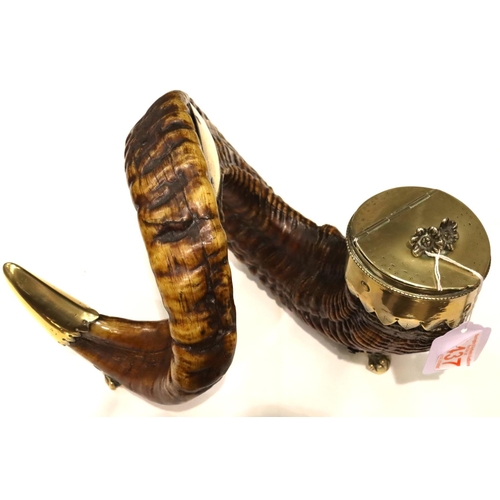 133 - Large rams horn and silver plate table snuff raised on ball and claw feet with 1874 inscription. P&P... 