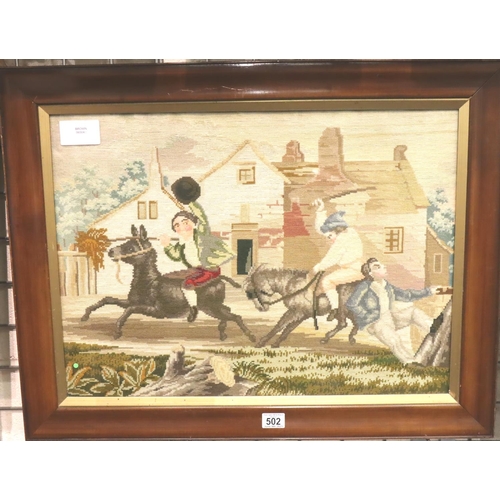 502 - 19th century framed wool tapestry of figures and donkey, 75 x 60 cm. Not available for in-house P&P,... 