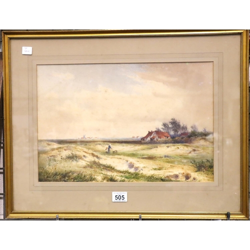 505 - Harry E James (fl 1882-1912) watercolour of a farmhouse landscape with figures, 45 x 30 cm. Not avai... 