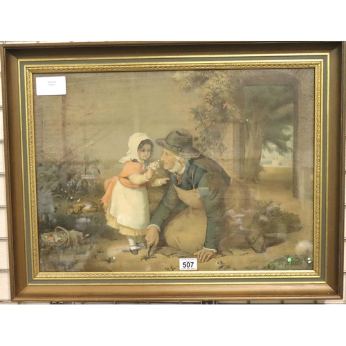 507 - Framed print of a child offering flowers to an old man, 60 x 40 cm. Not available for in-house P&P, ... 